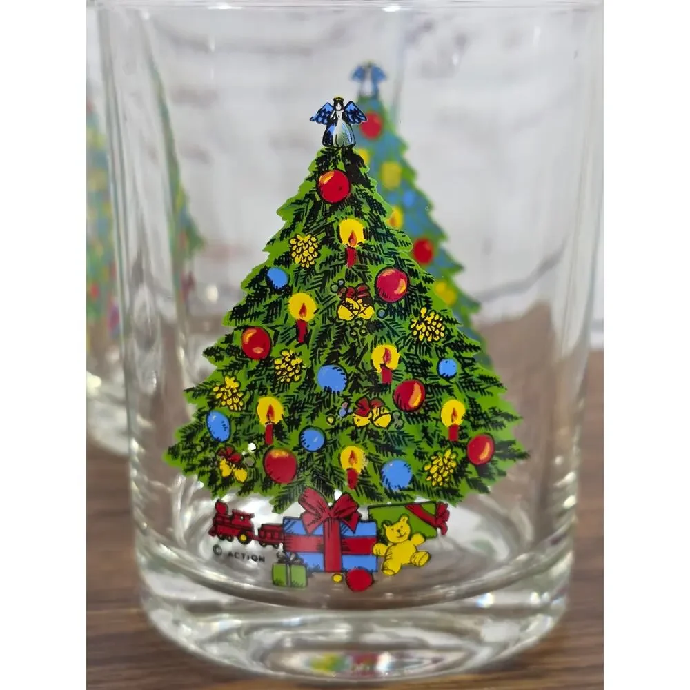 VTG Action Industries Christmas Tree Rocks Glasses Set Of 4 Holiday